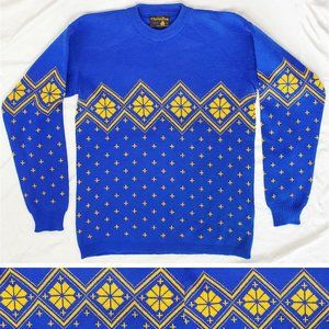 Charles Wolf Mens Vintage Blue/Yellow Knit Wool Sweater Norway Ukraine Colors L